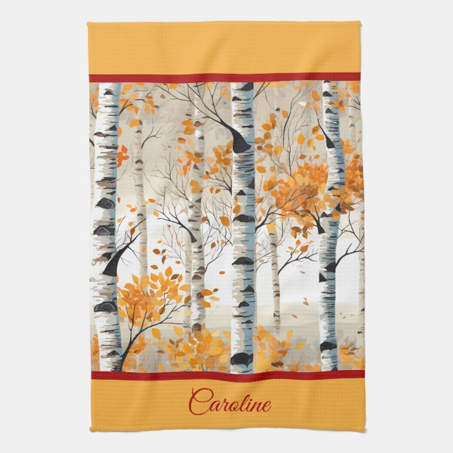 Happy Fall Y'All - farbenfrohe Birkenblätterung Geschirrtuch (Vertikal)