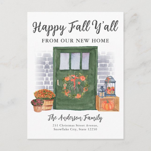 Happy Fall Y'All Front Door Pumpkin Holiday Moving Ankündigungspostkarte (Vorderseite)