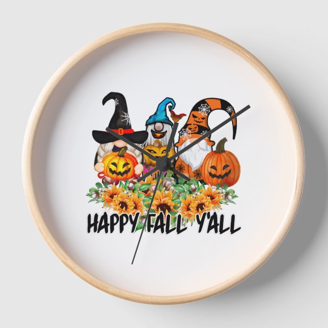 Happy Fall Y'all Gnome Leopard Gnome Sonnenblume Uhr (Vorderseite)