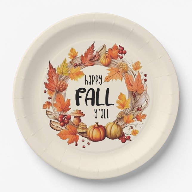Happy Fall Y'all - Kürbis und Herbst verlassen Kra Pappteller (Vorderseite)