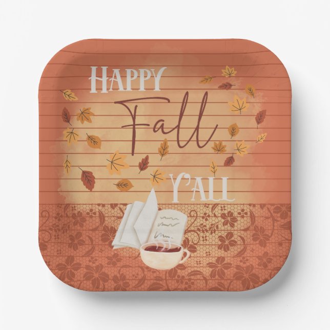 Happy Fall Y'all mit Kaffee und Herbst Blätter Pappteller (Vorderseite)