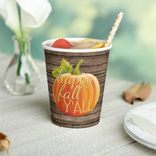 Happy Fall Y'all Orange Pumpkin on Planks Muster Pappbecher