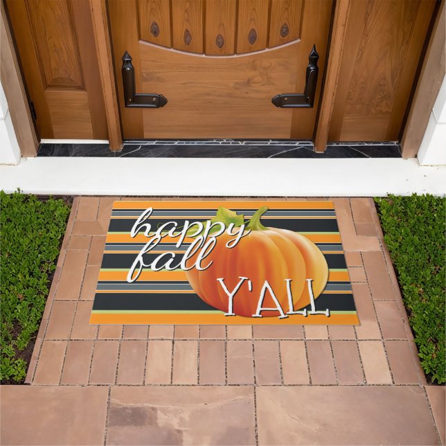 Happy Fall Yall Pumpkin auf lebendigen Streifen Mu Fußmatte (Außenbereich)