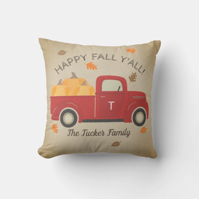 Happy FALL Y'all Red Truck Pumpkins Monogramm Kissen (Vorderseite)