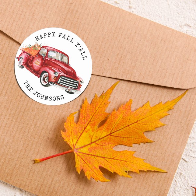 Happy Fall Y'all Red Truck Pumpkins Runder Aufkleber (Happy Fall Y'all Red Truck Pumpkins Square Sticker)
