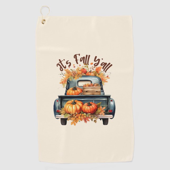Happy Fall Y'all - Rustikaler LKW mit Pumpkins Golfhandtuch (Vorderseite)