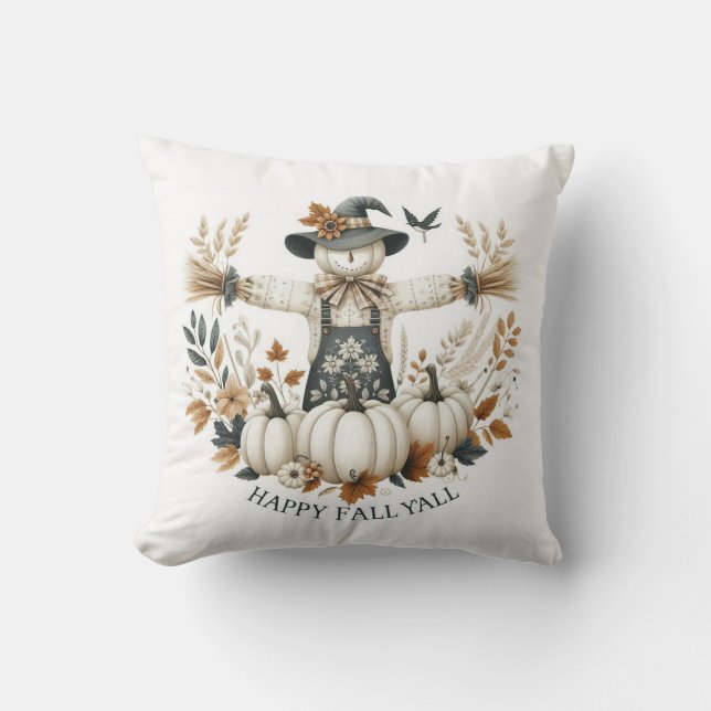Happy Fall Y'all Scarecrow und Herbstblätter Kissen (Vorderseite)