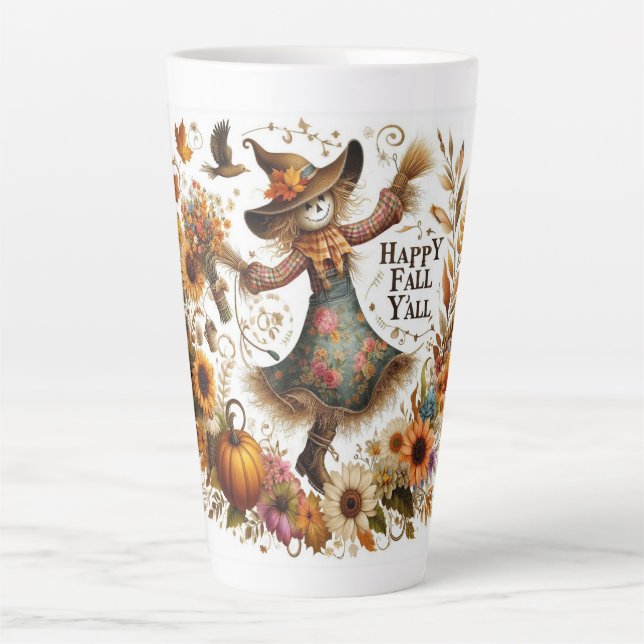 Happy Fall Ya'll Scarecrow und Herbstblätter Milchtasse (Vorderseite)