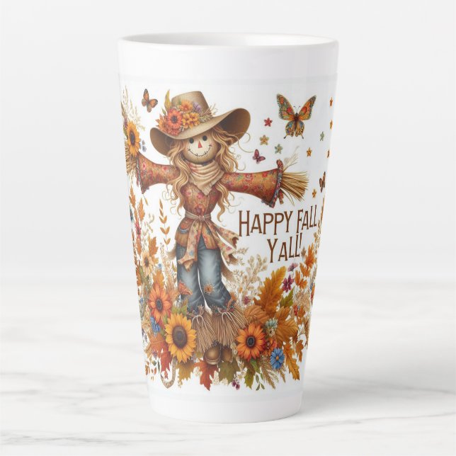 Happy Fall Ya'll Scarecrow und Herbstblätter Milchtasse (Vorderseite)