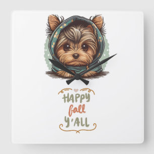 Happy Fall Y'all Yorkshire Terrier Autumn Hoodie Quadratische Wanduhr