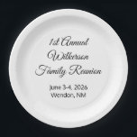 Happy Family Wiedersehen White Pappteller<br><div class="desc">Wiedersehen sind ganz besondere Events. Dieser Teller ist genau dafür entworfen. Ändern Sie den Stil der Buchstaben. Ändern Sie die Farbe der Platte. Sie können entscheiden. Personalisierbar. Von Sharon Lee Hudson.</div>