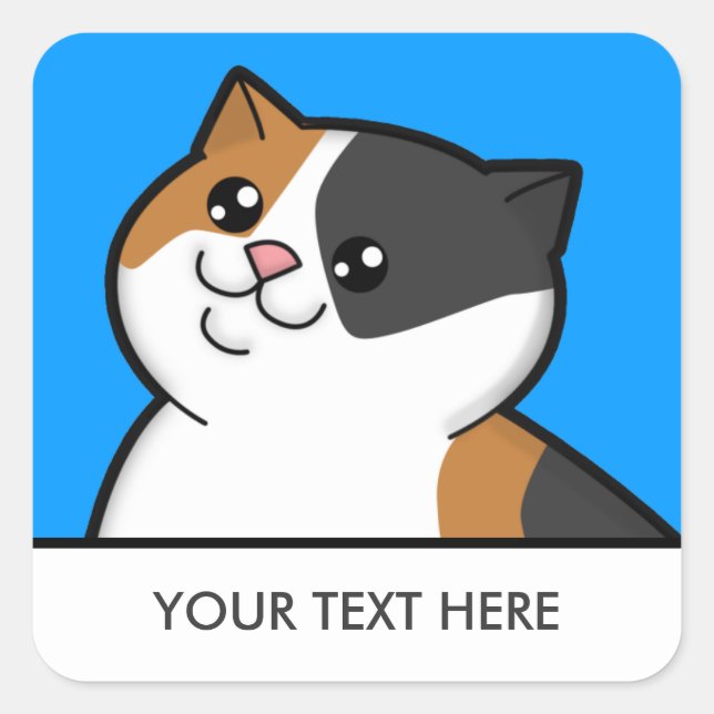 Happy Fat Calico Cat Square Stickers (Vorderseite)