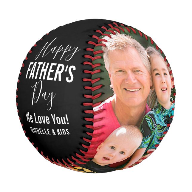 Happy Father's Day Black Family Foto Name Script Baseball (Schrägansicht)