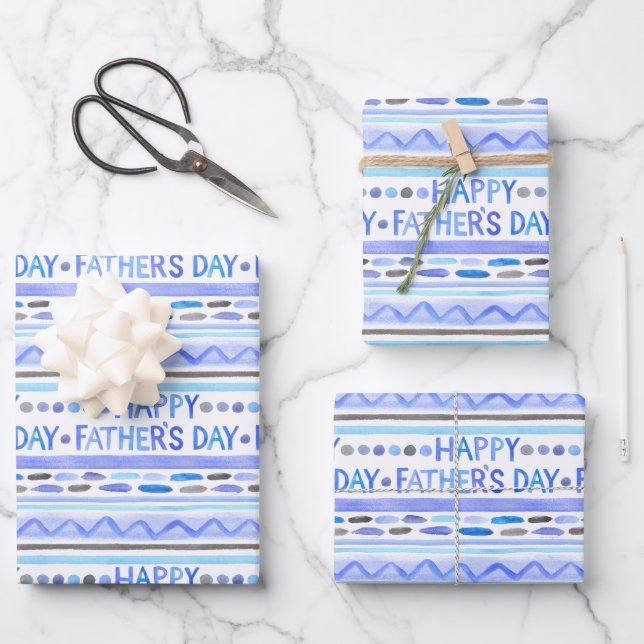 Happy Father's Day Blue Watercolor Streifen Geschenkpapier Set (Vorderseite)