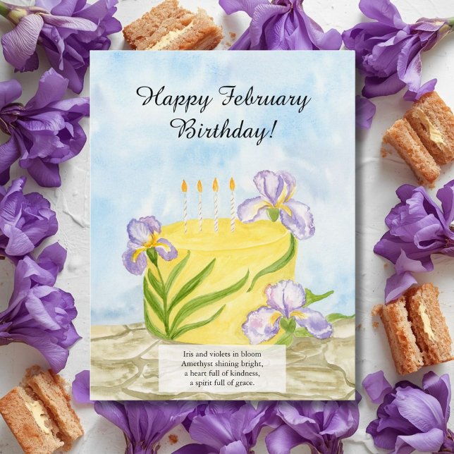  Happy February Irises Birthday Cake Postkarte (Von Creator hochgeladen)