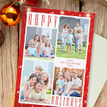 HAPPY FERIEN Foto Collage Red Lights Feiertagskarte<br><div class="desc">Einfaches, modernes Design mit einem schicken Text HAPPY HOLIDAYS vor einem roten Hintergrund mit Lichtern. Fügen Sie vier Fotos und Ihren benutzerdefinierten Text auf der Vorder- und/oder Rückseite ein (optional). FOTO TIPP: Wählen Sie Fotos mit dem Thema in der Mitte oder schneiden Sie sie in ähnlichen Formen wie für leicht...</div>