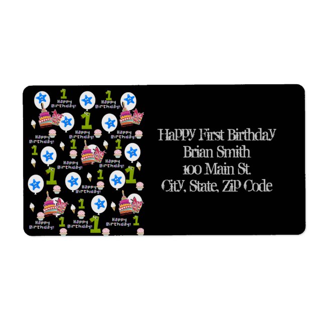 Happy First Birthday Address Labels, Black (Vorne)