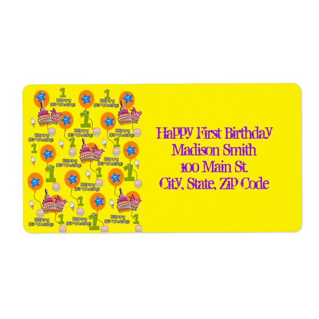 Happy First Birthday Address Labels, gelb (Vorne)