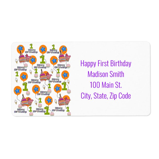 Happy First Birthday Address Labels, White (Vorne)