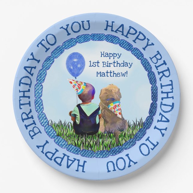 Happy First Birthday Boy and Dog Pappteller (Vorderseite)