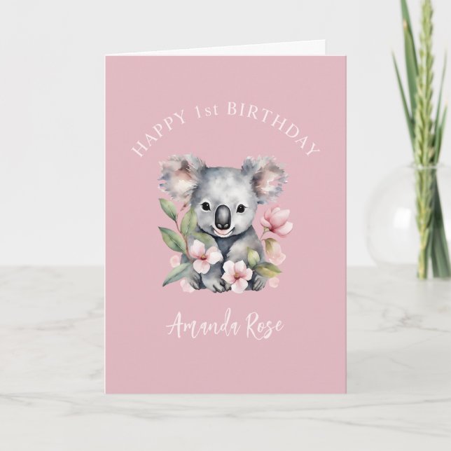 Happy First Birthday Watercolor Koala Dankeskarte (Vorderseite)