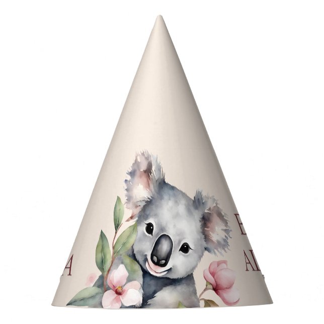 Happy First Birthday Watercolor Koala Partyhütchen (Vorderseite)