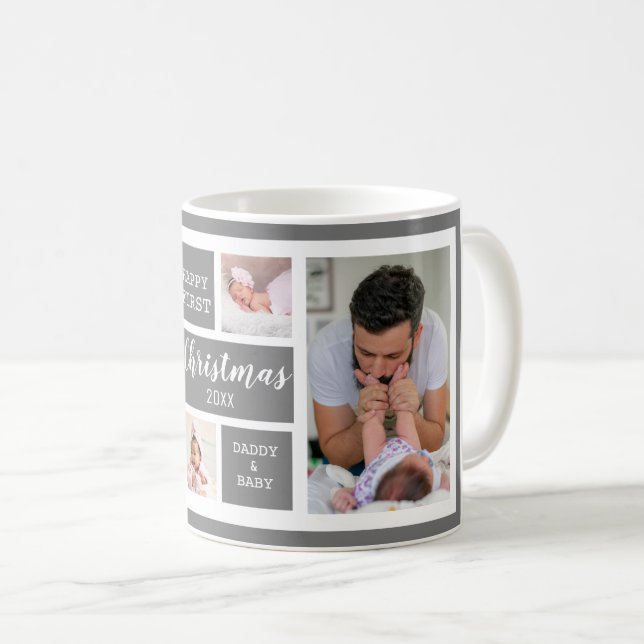 Happy First Christmas New Dad 5 Foto Collage Gray Kaffeetasse (VorderseiteRechts)