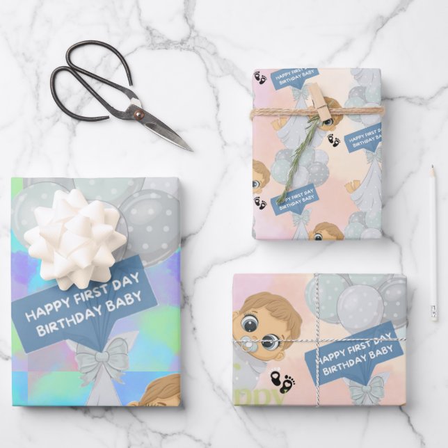 Happy First Day Geburtstag Geschenkpapier Set (Vorderseite)