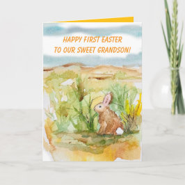 Happy First Easter Grandson Rabbit Wildflowers Karte