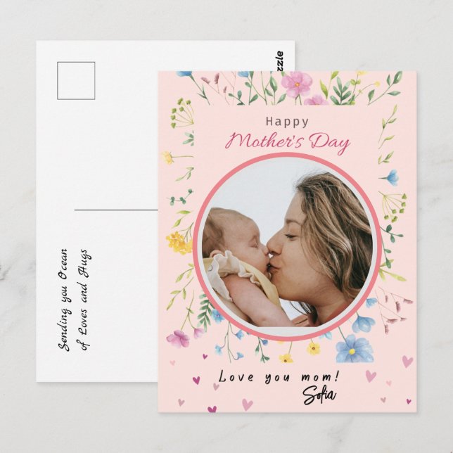 Happy First Mothers Day Niedlich Moderne Blume Fot Postkarte (Vorne/Hinten)