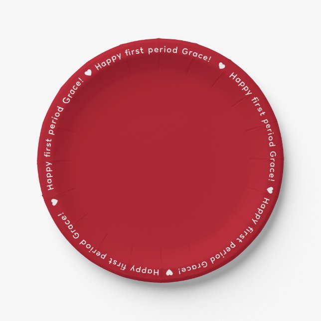Happy First Period Party Red White Name Border Pappteller (Vorderseite)