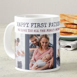 Happy First Vathers Day 4 Foto Jumbo-Tasse<br><div class="desc">Sage glücklichen Ersten Vatertag mit diesem personalisierten Foto Tasse. Die Fotovorlage ist Set für Sie, um 4 Ihrer Lieblings-Fotos hinzuzufügen. Sie können auch Ihre benutzerdefinierte Nachricht, das Jahr und bearbeiten Sie den Anlass, wenn Sie möchten. Der Wortlaut lautet derzeit "Happy First Vatertag 20##" und "Wir Liebe Sie alle Welt |...</div>