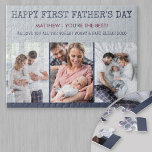 Happy First Vathers Day Custom Message und 3 Foto<br><div class="desc">Das Puzzle des Fotos "Happy First Vatertag". Die Vorlage ist für das Set bereit, um 3 Ihrer Lieblings-Fotos, Namen(s), benutzerdefinierte Nachricht hinzufügen und Sie bearbeiten die Gelegenheit auch, wenn Sie möchten. Das Puzzle hat eine Farbpalette aus tiefblau, bordeauxrot und grau. Vertikal, portrait Fotos werden am einfachsten zu bedienen sein -...</div>