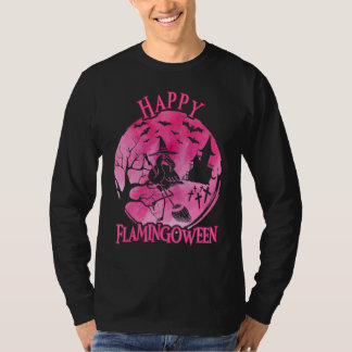Happy Flamingoween Fall Flamingo With Broom T-Shirt