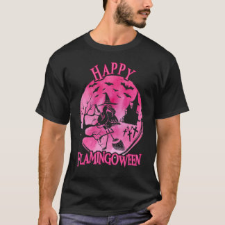 Happy Flamingoween Fall Flamingo With Broom T-Shirt