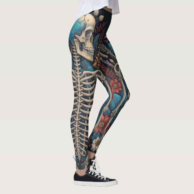 Happy Floral Skeleton Halloween Skull Ribcage Leggings (Rechts)