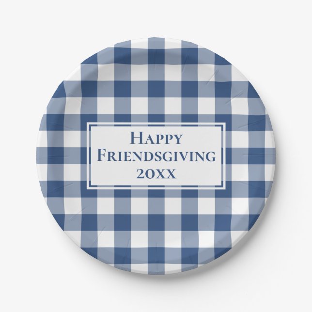 Happy Friendsgiving Blue White Gingham Kariert Pappteller (Vorderseite)
