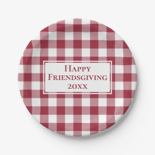 Happy Friendsgiving Burgund White Gingham Kariert Pappteller