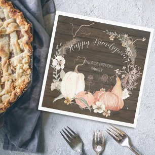 Happy Friendsgiving Rustic Fall Pumpkin Floral Serviette