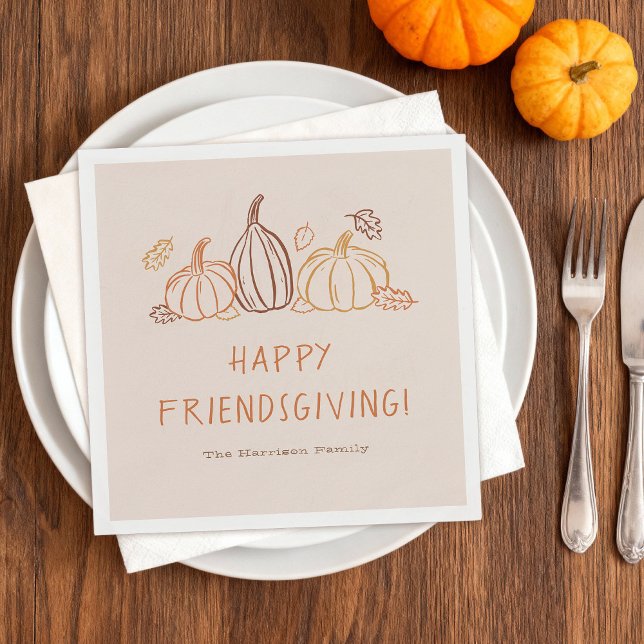 Happy Friendsgiving Thanksgiving Pumpkin Doodles Serviette ("Happy Friendsgiving" napkins with whimsical Fall doodles)