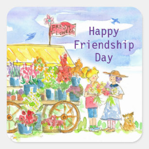 Happy Friendship Day Frauenfreunde Hunde Blume Quadratischer Aufkleber