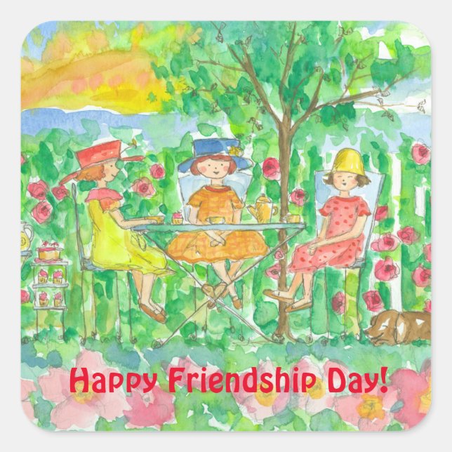 Happy Friendship Day Garden Party Quadratischer Aufkleber (Vorderseite)
