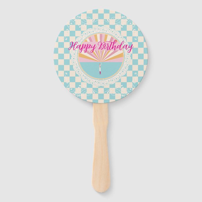 Happy Fun Blue Gingham Plaid Checkered Birthday Fächer (Vorderseite)