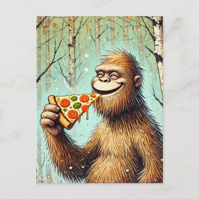 Happy Funny Sasquatch und die Pizza Postkarte (Vorderseite)