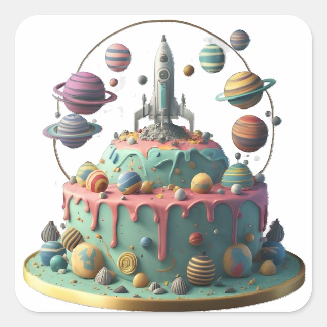 Happy Galaxy Birthday Cake Quadratischer Aufkleber (Vorderseite)