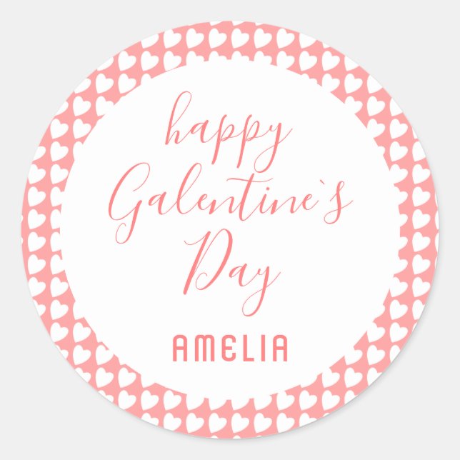 Happy Galentine`s Day Pink White Heart Pattern Cla Runder Aufkleber (Vorderseite)