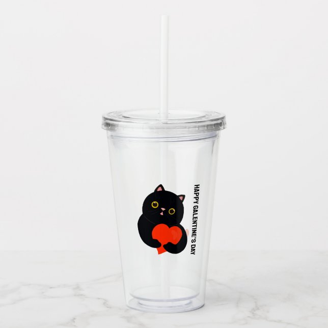 Happy Galentine's Day Black Kitten gibt ein Herz Acryltrinkbecher (Vorderseite)