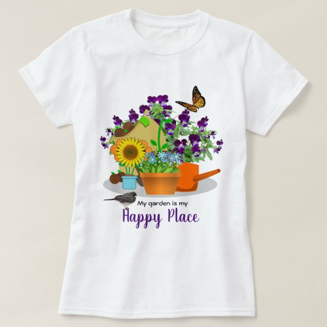 Happy Garden Blume Bird and Butterfly White T-Shirt (Design vorne)