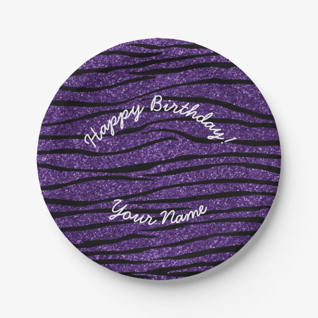 Happy Geburtstag lila Glitzer Zebrastreifen Pappteller (Vorderseite)