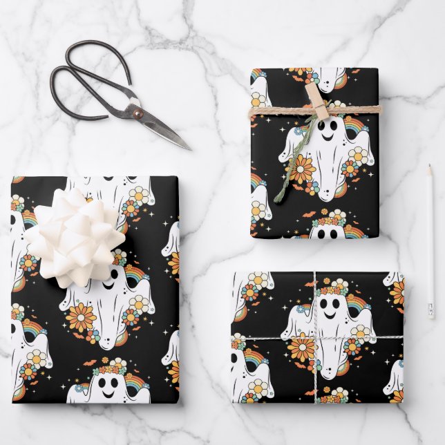 Happy Ghost Retro Hippie Muster Geschenkpapier Set (Vorderseite)